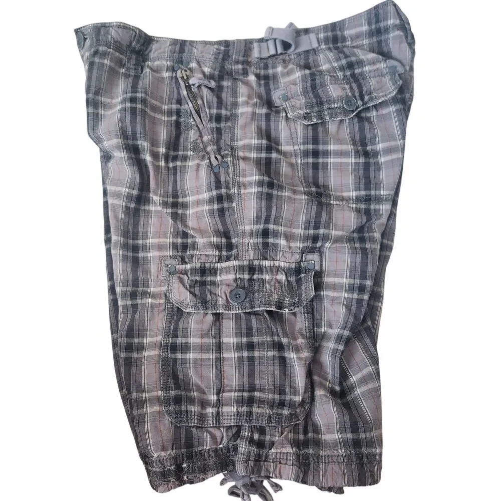 VTG 555 Soul Essentials-Gray Plaid Mens Cargo Shorts-Cinch Leg/Waist-Thrashed 36